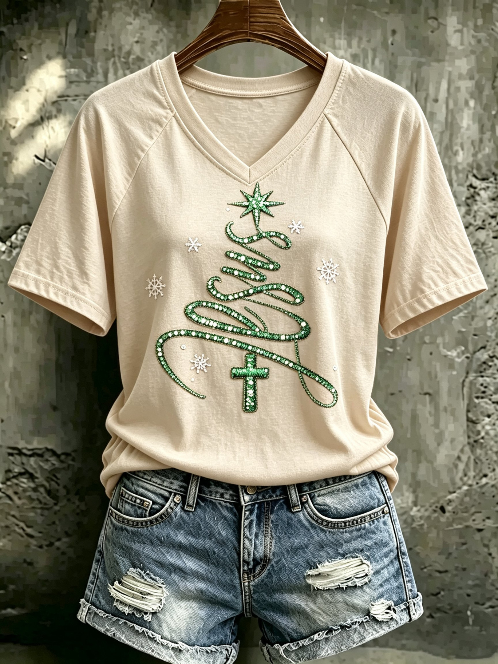 Merry Christmas V-Neck T-Shirt Christian Cross Clothes Religious Gifts For Fan - Image 2
