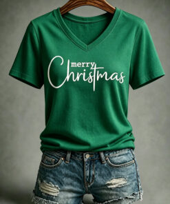 Merry Christmas V-Neck T-Shirt Religious Womens Apparel Outfit Gifts For Fan