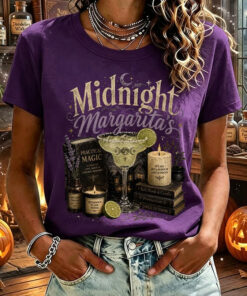Midnight Margaritas Halloween T-Shirt Purple Witch Womens Apparel Spooky Season Party Gift