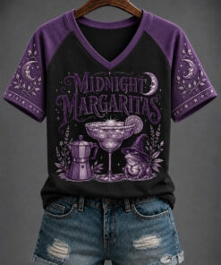 Midnight Margaritas V-Neck T-Shirt Funny Witch Womens Clothes Halloween Gift For Girlfriend