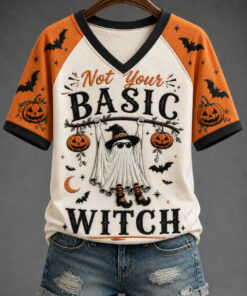 Not Your Basic Witch V-Neck T-Shirt Halloween Ghost Womens Apparel Gifts For Her