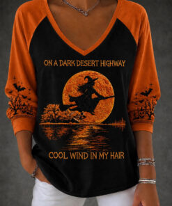 On A Dark Desert Highway V-Neck Raglan Shirt Flying Witch Halloween Clothes Gift For Wife