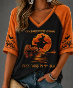 On A Dark Desert Highway V-Neck Raglan Shirt Flying Witch Halloween Merch Gifts For My Wife