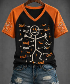 Ow Ow Ow Skeleton V-Neck T-Shirt Funny Halloween Womens Apparel Dancing Bones Spooky Gifts