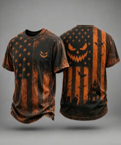 Patriotic Halloween Skull T-Shirt American Flag Pumpkin Mens Clothing Dad Gifts