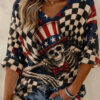 Patriotic Skeleton V-Neck Raglan Shirt Uncle Sam Hat Skull Merch American Flag Halloween Gifts