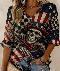 Patriotic Skeleton V-Neck Raglan Shirt Uncle Sam Hat Skull Merch US Flag Gifts For Her