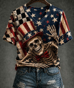 Patriotic Skeleton V-Neck T-Shirt Uncle Sam Hat Skull Clothes Patriotic Gifts For Her