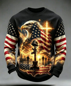 Patriotic US Bald Eagle Long Sleeve Shirt Cross Christian Mens Clothing Gifts For Men