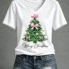 Pink Bow Christmas Tree V-Neck T-Shirt Xmas Tree Womens Apparel Sister Gifts