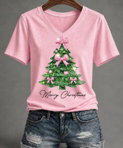 Pink Bow Christmas Tree V-Neck T-Shirt Xmas Womens Apparel Gifts For Her