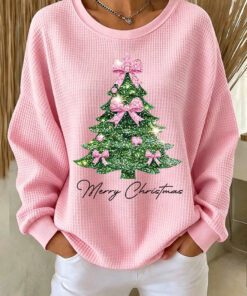 Pink Bow Merry Christmas Tree Sweatshirt Christian Womens Clothing Sister Gifts