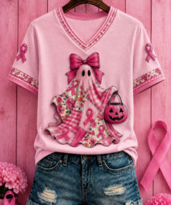 Pink Ghost With Pumpkin Basket Pink Ribbons V-Neck Shirt Breast Cancer Awareness Merch