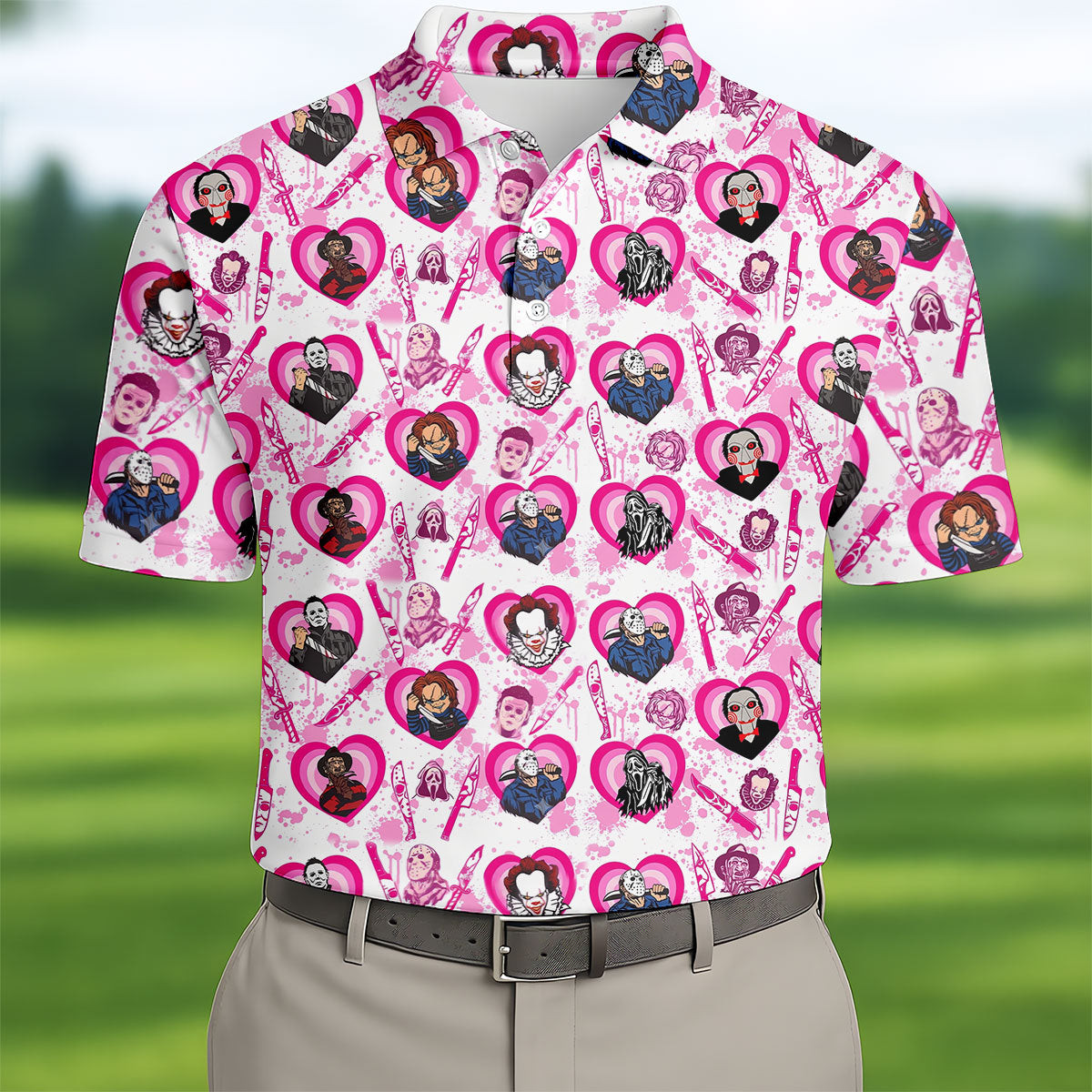 Pink Horror Character Polo Shirt Spooky Slashing Mens Merch Unique Halloween Gift