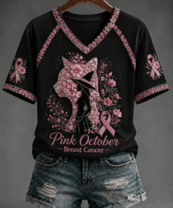 Pink October Breast Cancer V-Neck Shirt Breast Cancer Awareness Clothing Gifts For Women