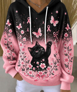 Pink Ribbon Breast Cancer Hoodie Black Cat Awareness Clothes Cancer Survivor Gifts