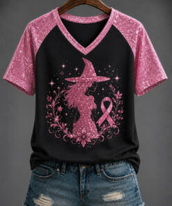 Pink Witch With Pink Ribbon V-Neck Shirt Breast Cancer Awareness Tee Halloween Gift