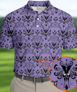 Purple Haunted Mansion Polo Shirt Spooky Damask Wallpaper Mens Clothes Halloween Gift For Men