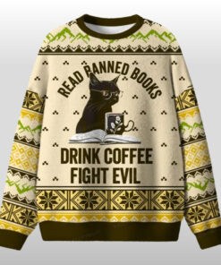 Read Banned Books Drink Coffee Ugly Sweater Black Cat Book Lover Merch Christmas Fan Gear