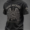 Saint Michael Defend Us In Battle T-Shirt Christian Warrior Clothing Religious Gifts For Men