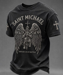Saint Michael Defend Us In Battle T-Shirt Christian Warrior Clothing Religious Gifts For Men