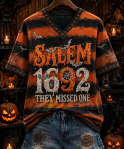 Salem 1692 They Missed One V-Neck T-Shirt Salem Witch Trials Merch Spooky Halloween Gifts