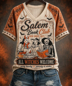 Salem Book Club V-Neck T-Shirt Halloween Reading Womens Clothing Presents For Mum