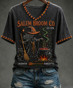 Salem Broom Co Est 1692 V-Neck T-Shirt Witchcraft Halloween Clothing Gifts For Wife