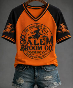 Salem Broom Co V-Neck T-Shirt Witch Riding Broom Merch Est 1692 Halloween Gifts
