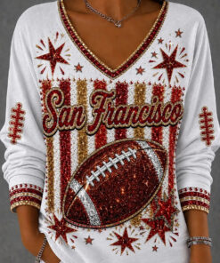San Francisco 49ers Merch Faithful Football V-Neck Long Sleeve Shirt Gift For Wife