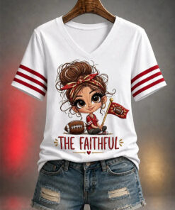 San Francisco 49ers Merch The Faithful Cute Girl Football V-Neck T-Shirt Gift For Girlfriend