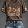 Saved By Grace Sustained By Snacks V-Neck T-Shirt Christian Merch Religious Pet Lover Gift