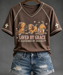 Saved By Grace Sustained By Snacks V-Neck T-Shirt Christian Merch Religious Pet Lover Gift