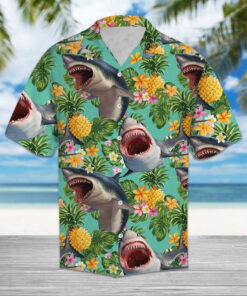 Shark Hawaiian Shirt Tropical Pineapple Shark Aloha Shirt Summer Vacations Gift Ideas - Homegiftaura