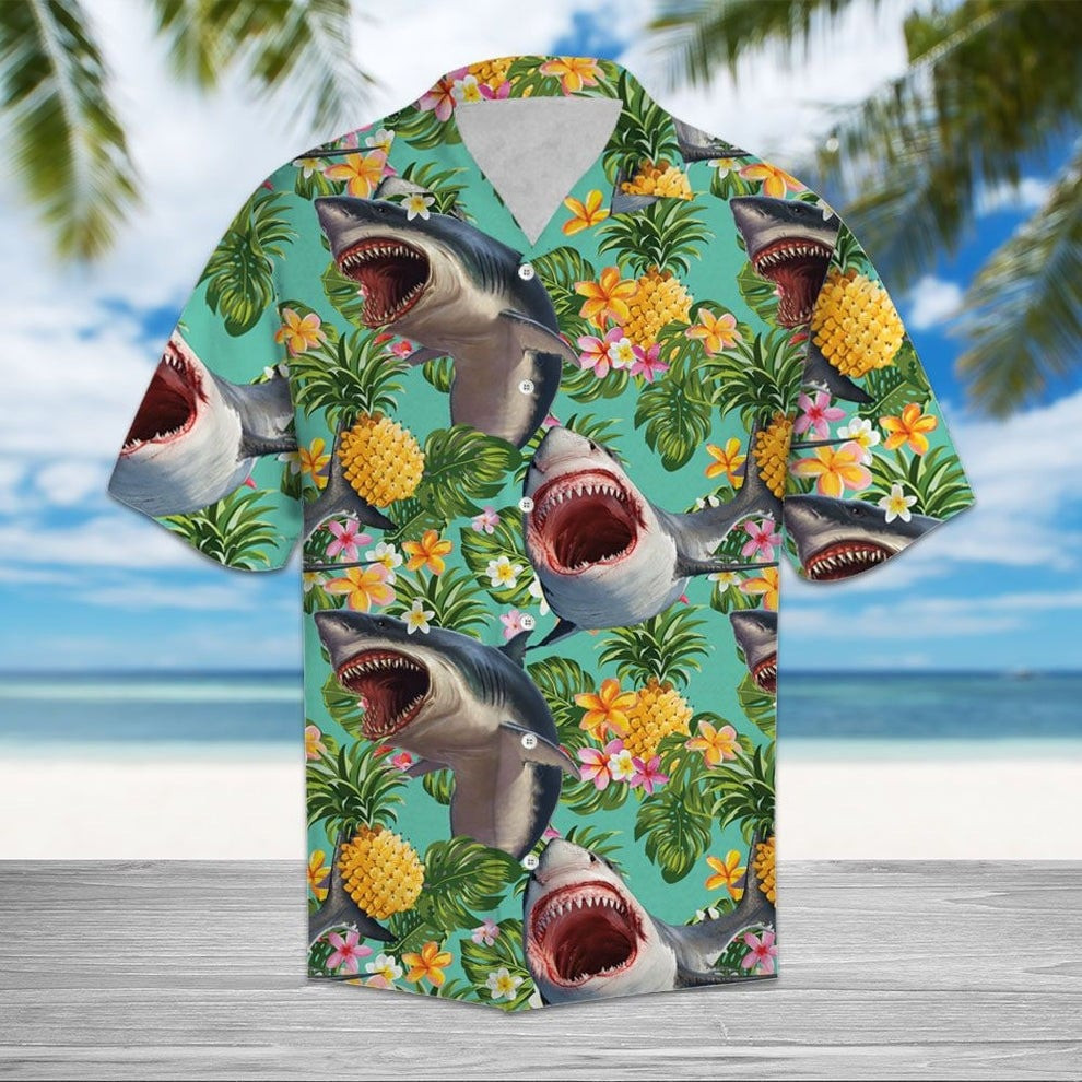 Shark Hawaiian Shirt Tropical Pineapple Shark Aloha Shirt Summer Vacations Gift Ideas - Homegiftaura