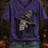 Skeleton Witch Hat V-Neck T-Shirt Gothic Skull Halloween Clothing Gift Ideas For Momc