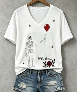 Skeleton with Red Balloon V-Neck T-Shirt Gothic Skull Womens Merch Halloween Gifts For Her