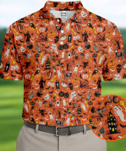 Skull Witch Cat Orange Golf Shirt Funny Halloween Mens Merch Gifts For Him