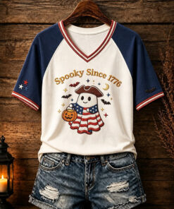 Spooky Since 1776 V-Neck T-Shirt Cute Patriotic Ghost Clothing US Flag Halloween Gift