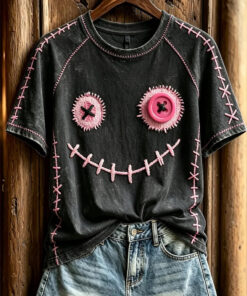 Stitched Doll Face T-Shirt Halloween Spooky Merch Halloween Apparel Gifts