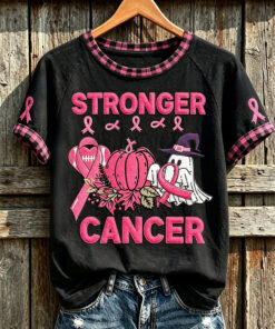 Stronger Cancer T-Shirt Breast Cancer Awareness Tee Halloween Gifts For Girlfriend