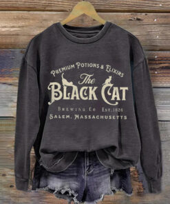 The Black Cat Salem Sweatshirt Halloween Witchcraft Clothing Spooky Season Gifts For Him