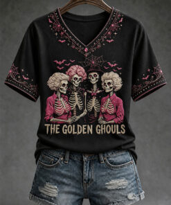 The Golden Ghouls V-Neck T-Shirt Halloween Sugar Skull Womens Clothing Gift For Wife
