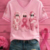 Three Ghosts With Pink Ribbons V-Neck Shirt Breast Cancer Awareness Merch Halloween Lover Gift
