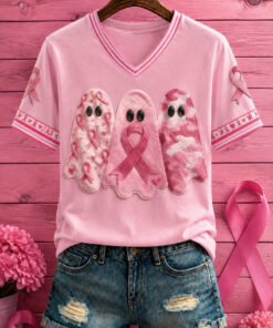 Three Ghosts With Pink Ribbons V-Neck Shirt Breast Cancer Awareness Merch Halloween Lover Gift
