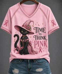 Time To Think Pink V-Neck Shirt Breast Cancer Awareness Tee Cat Black Halloween Apparel