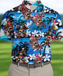 Tropical Pirate Skull Halloween Golf Shirt Polo Shirt Floral Skeleton Mens Clothes