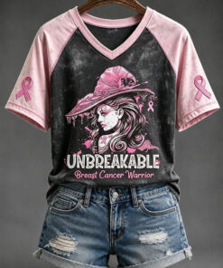 Unbreakable Breast Cancer Warrior V-Neck Shirt Breast Cancer Awareness Merch Apparel For Her