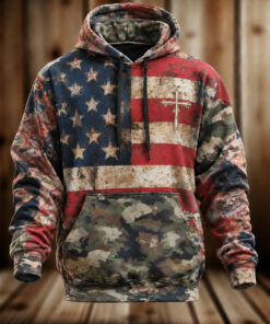US Army Merch Cross US Flag Camo Hoodie Christian Proud Military Gifts
