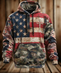 US Veteran Merch American Flag Cross Camo Hoodie Military Faith Gift For Him